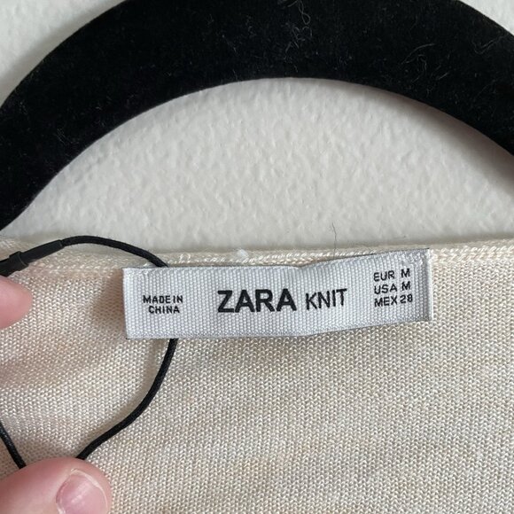 Zara Knit Women M Beige Wool Blend Sheer Lightweight Short Sleeve Sweater NWT - Picture 6 of 11